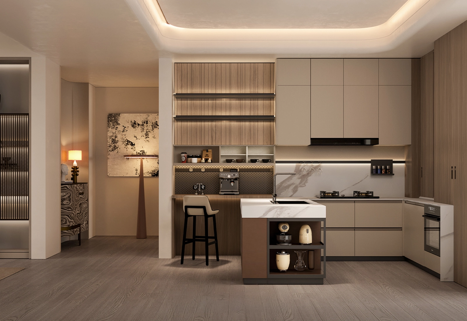 Semi-open modular kitchen with sliding glass partition in a Delhi apartment