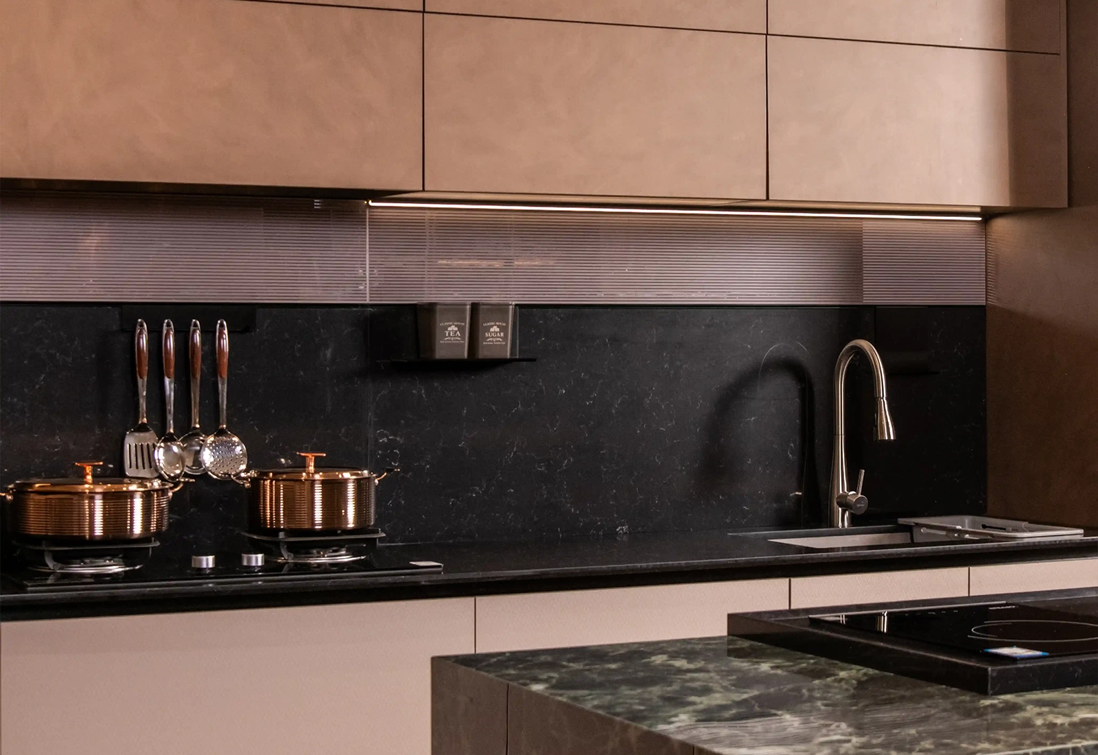 Quartz and granite countertop samples in a Delhi showroom