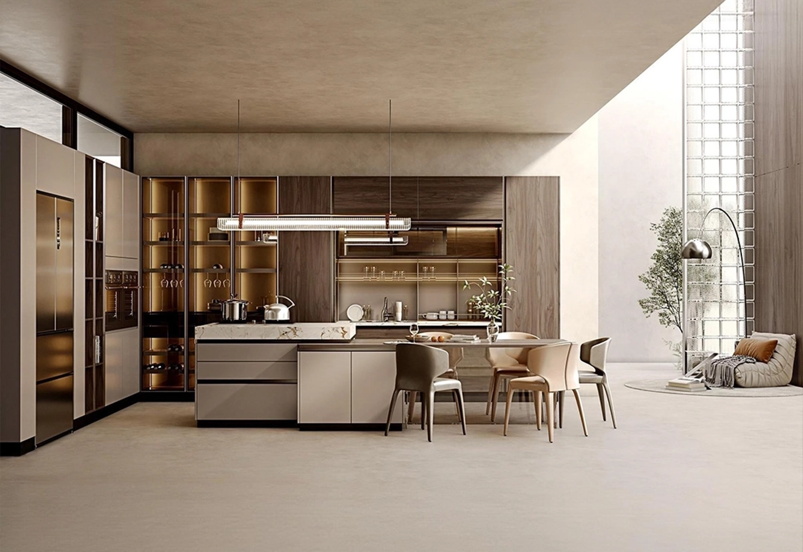 Small L-shaped modular kitchen with tall storage in a Noida apartment